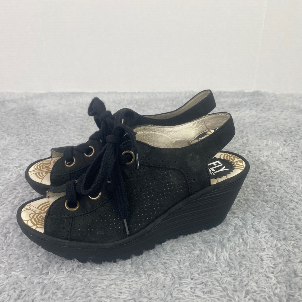 Fly London Yuta Wedge Sandals Womens 38- 7.5 Black Lace Up Slingback Peep Toe